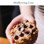 graphic with text showing a handheld banana nut and oat breakfast muffin with chocolate chips