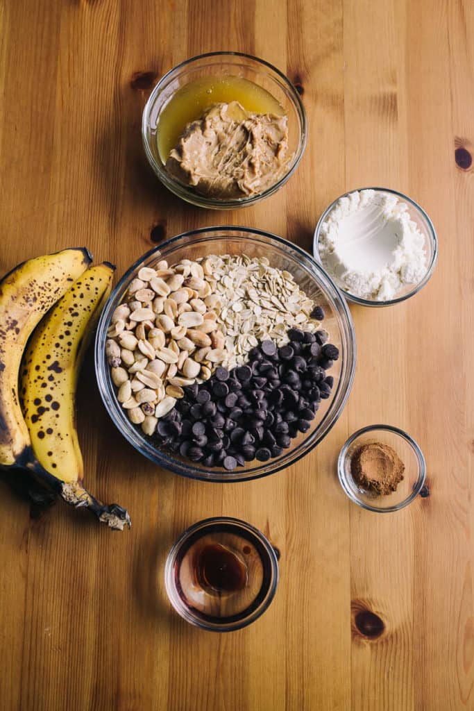 overhead ingredients for banana nut and oat breakfast muffins