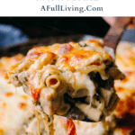 Graphic with text of an upclose shot of chicken and veggie baked pasta with cheese