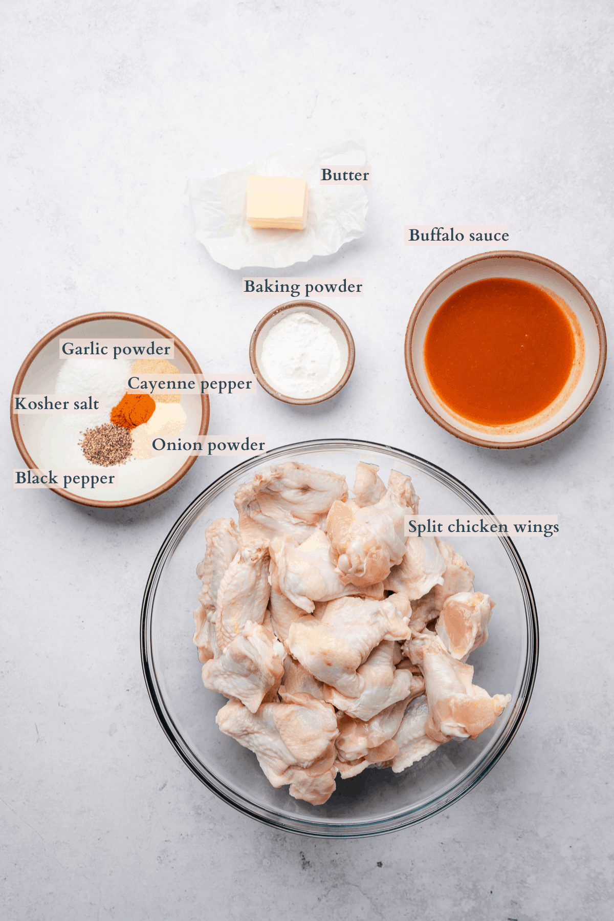 ingredients to make crispy baked chicken wings with text to denote different ingredients