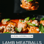 graphic with text showing a picture of and stating lamb meatballs with feta and lemon with a spoonfull of meatballs in marinara sauce