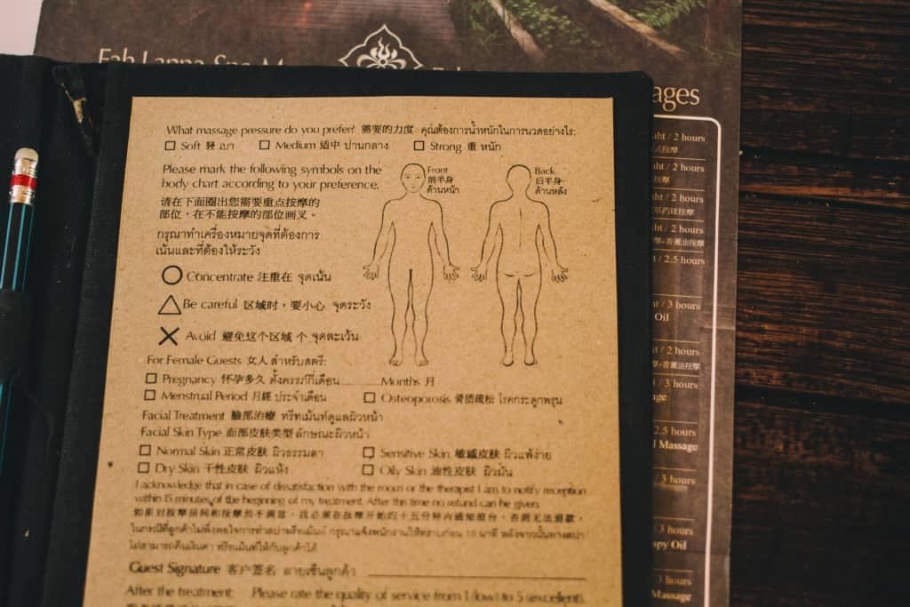 card with a picture of the human body used by the customer to show areas of pain in the body to prepare for a massage