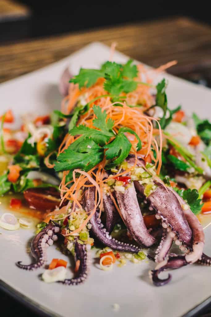 spicy grilled squid salad Thai style topped with lots of fresh and colorful vegetables