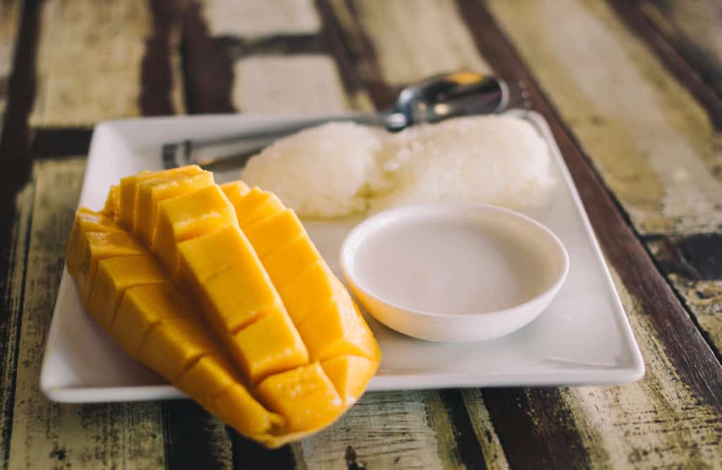 mango sticky rice on a plate