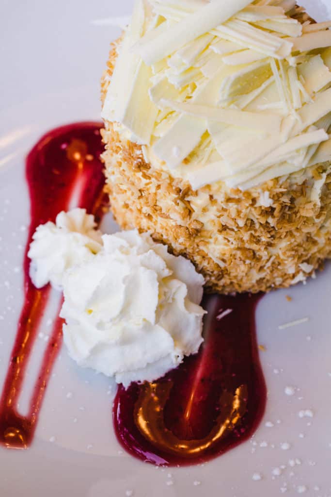 coconut cloud dessert with raspberry puree