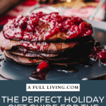 stack of chocolate pancakes with cherry topping twinkling holiday lights in the background with text he Perfect Holiday Gift Guide for the Food and Beverage Lovers in Your Life