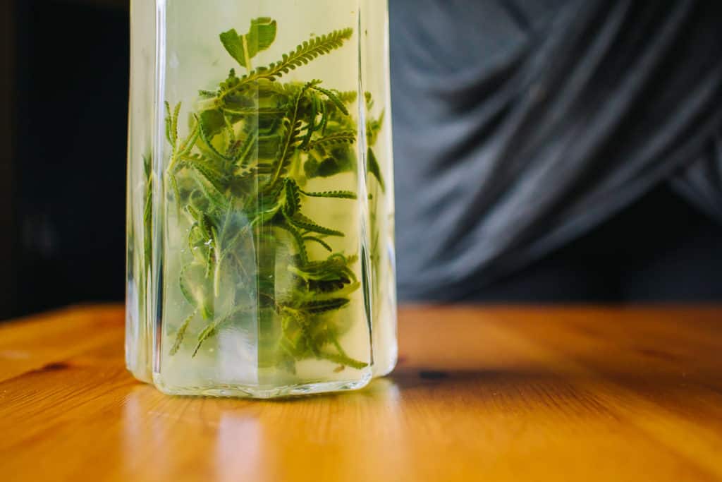 herbs swirling around in a pitcher of lemonade 