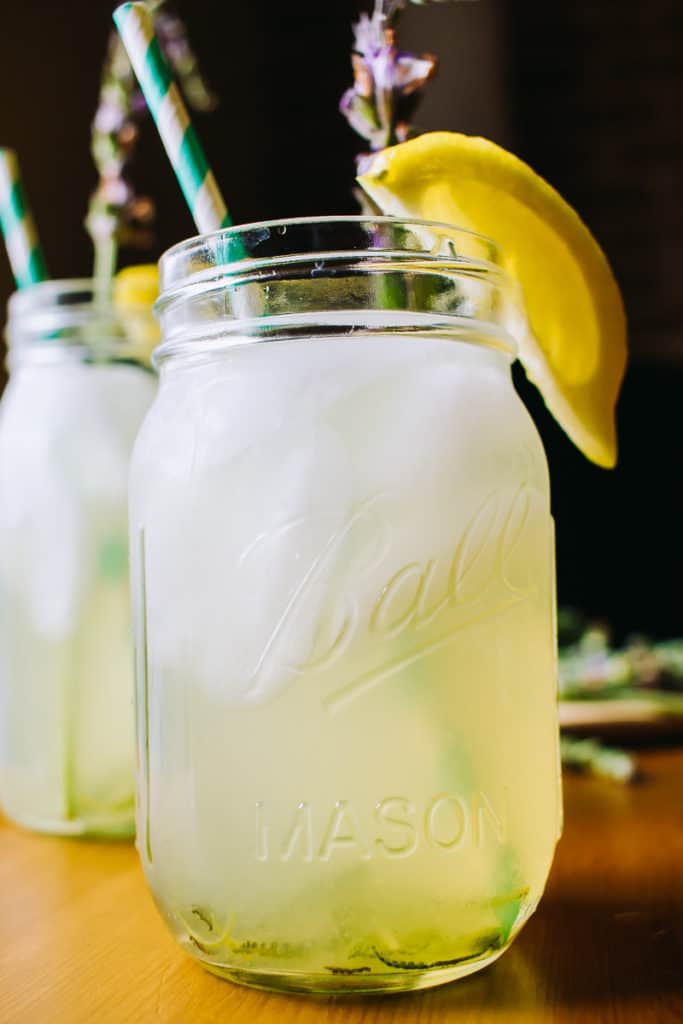Two mason jars with keto lavender sage lemonade