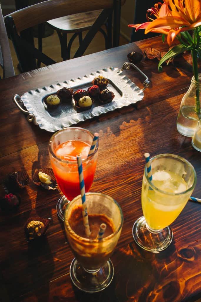drinks and truffles on a table at katherine anne confections 