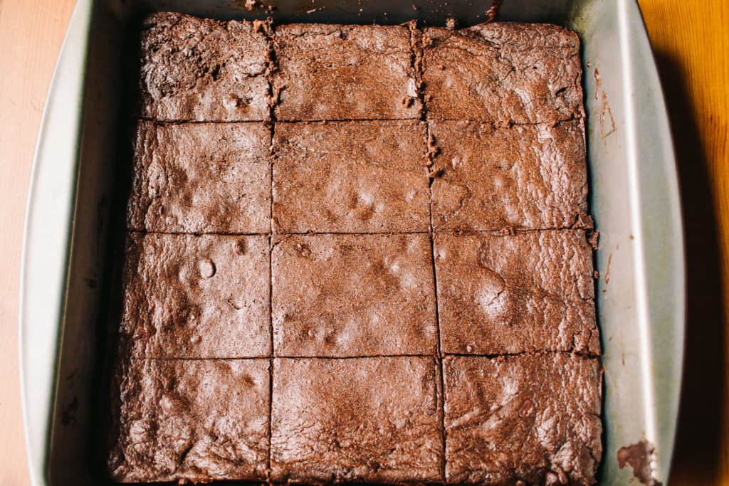 tray of low carb mocha brownies cut into squares inside the baking pan