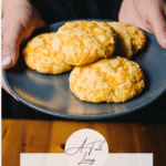Graphic and text of two hands holding a plate of Low Carb Cheddar Biscuits