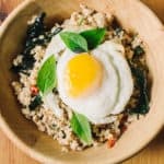 overhead view of Low Carb Thai Basil Chicken with a fried egg