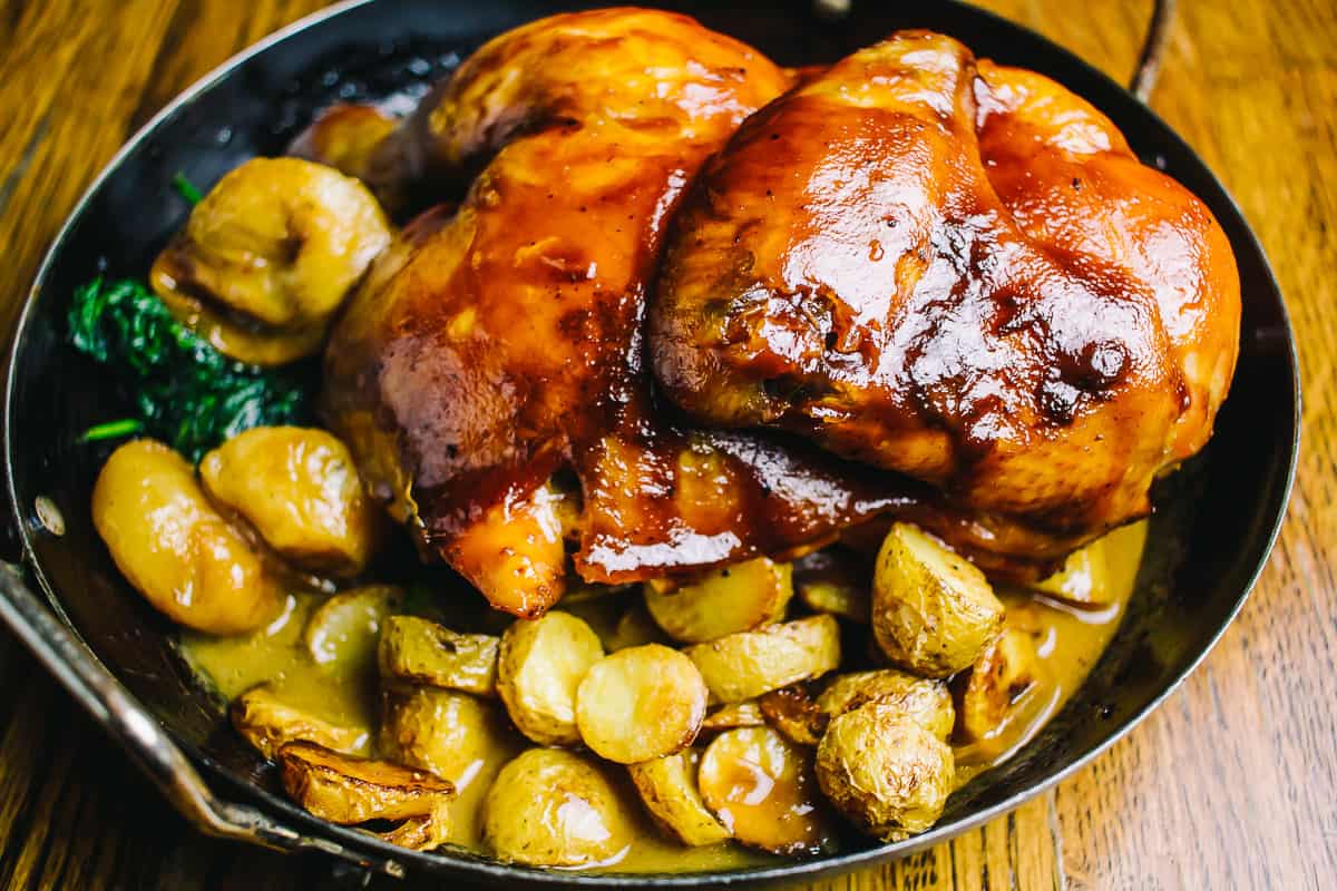 roasted chicken with bbq sauce and baby potatoes