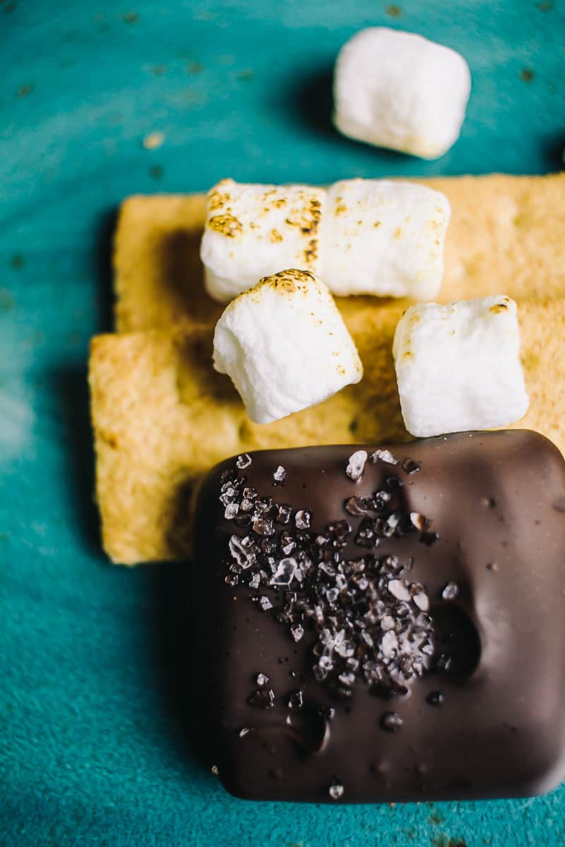 gourmet smores with graham crackers dipped in chocolate and sprinkled with sea salt