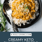 Graphic with text of Creamy Keto Pumpkin Alfredo Sauce with Turkey and Rosemary