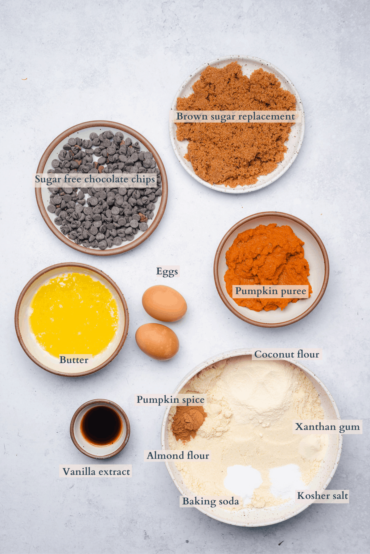 keto pumpkin chocolate chip cookies ingredients with text to denote different ingredients