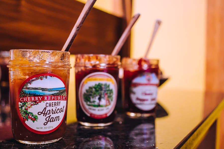 jars of specialty made cherry preserves at cherry republic