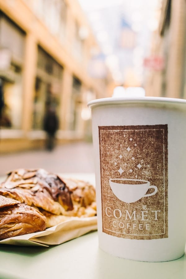comet coffee cup with pastries in nickels arcade