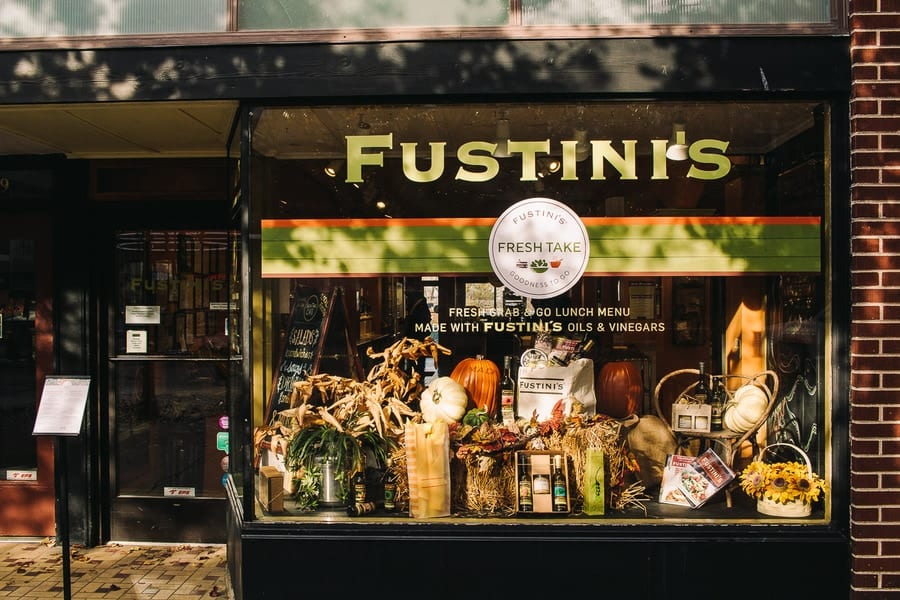 outside of the fustini's oils and vinegars shop in downtown traverse city