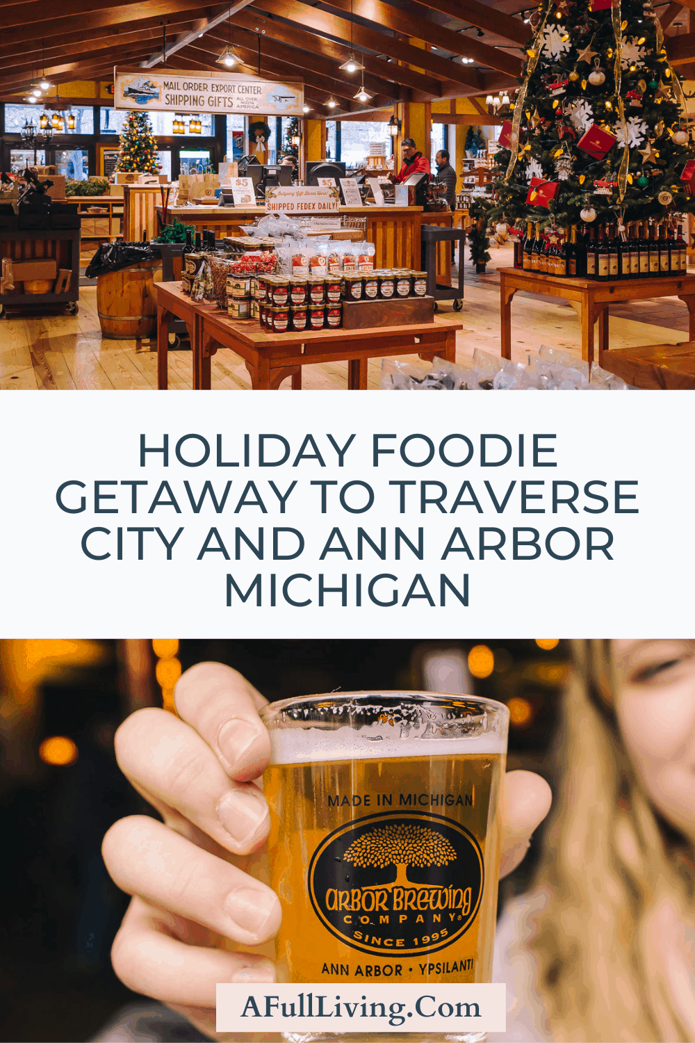 graphic with text of Traverse City and Ann Arbor Holiday Foodie Road Trip