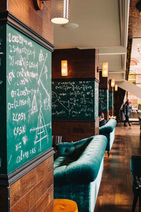 collegiate decor at the graduate ann arbor with green chalk boards with mathematics equations