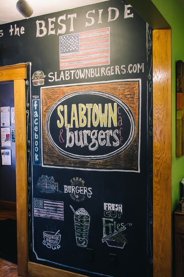 slabtown burgers drawn on chalk on a chalkboard
