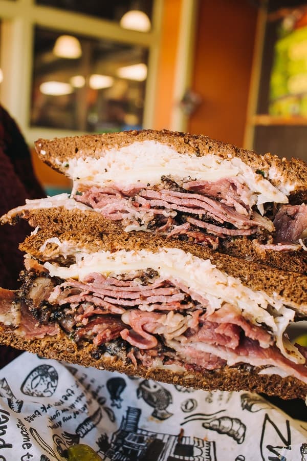 reuben stacked high from zizngerman's deli