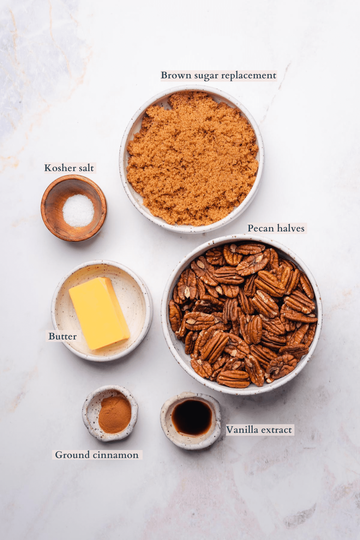 keto candied pecans recipe ingredients graphic with text to denote different ingredients 