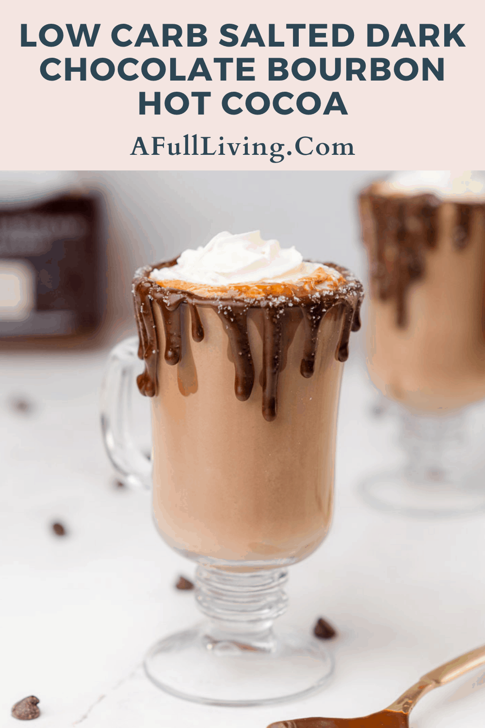 Graphic with text of Low Carb Salted Dark Chocolate Bourbon Hot Cocoa