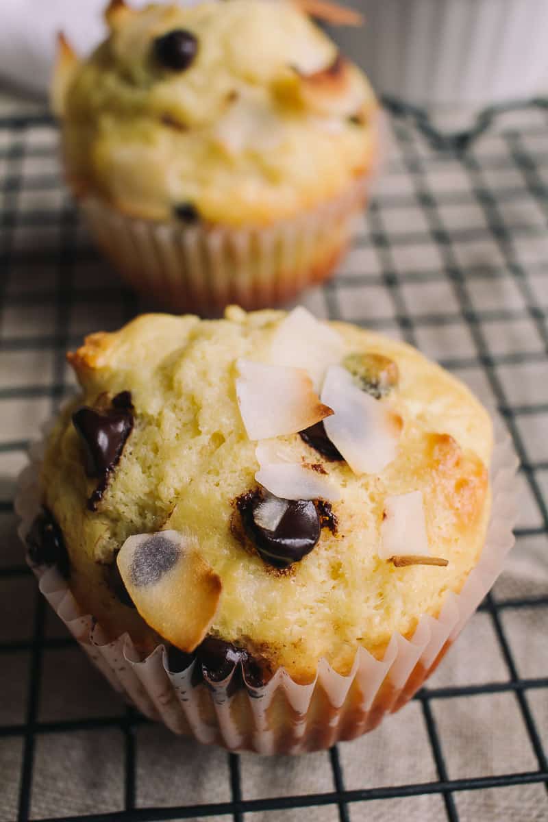 Low Carb Coconut and Chocolate Chip Protein Muffins on a drying rack