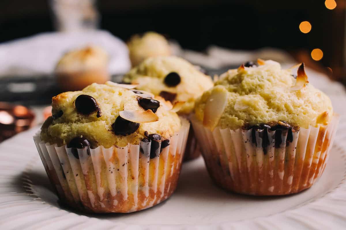 Low Carb Coconut and Chocolate Chip Protein Muffins on a white plate