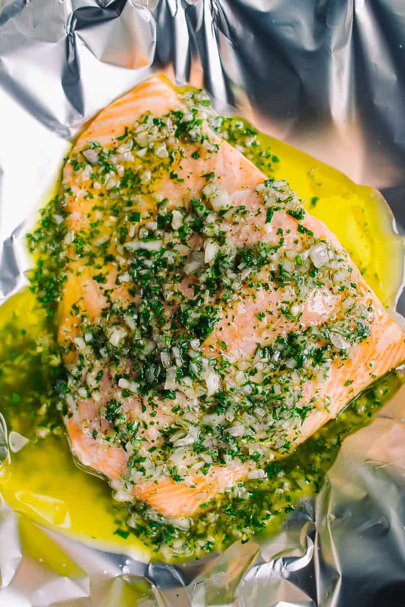 salmon covered in parsley olive oil and citrus glaze