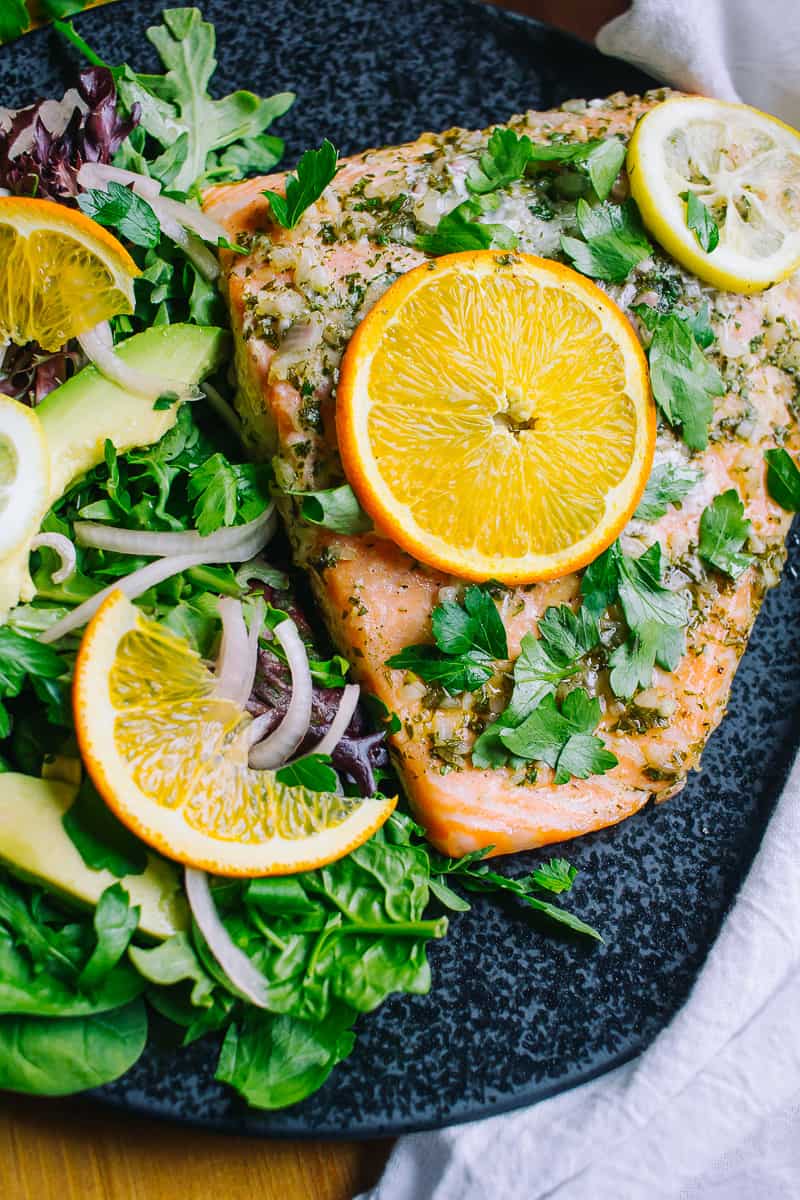 citrus glazed salmon with a side salad