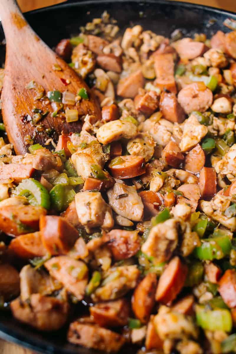 chicken, andouille sausage, and holy trinity mix