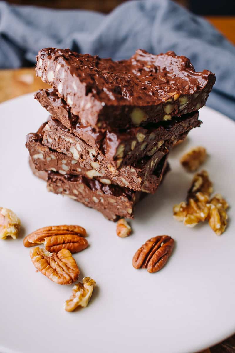 Low Carb Dark Chocolate Nut Bars stack straight on