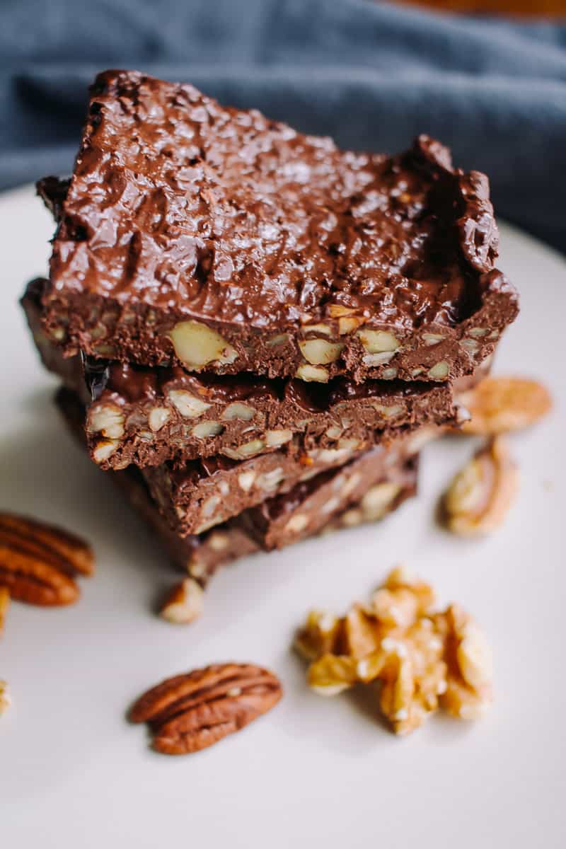 Low Carb Dark Chocolate Nut Bars on a white plate with pecans and walnuts surrounding