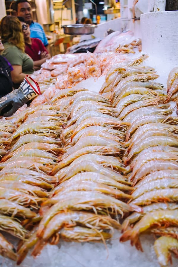 rows of raw shrimp at a market