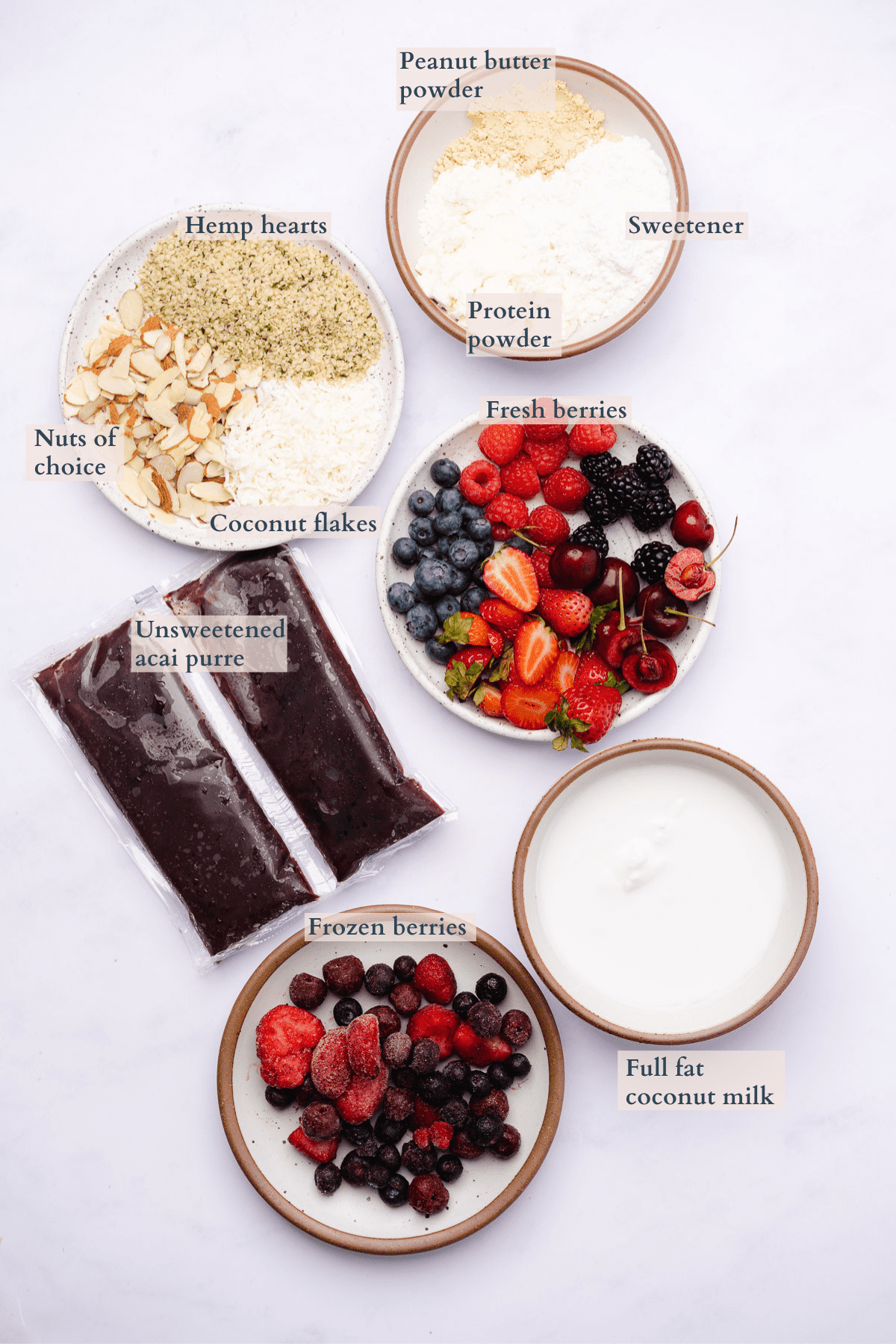 ingredients to make a keto acai bowl with text to denote different ingredients