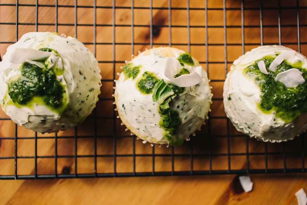 overhead view of low carb thai basil lime and coconut cupcakes
