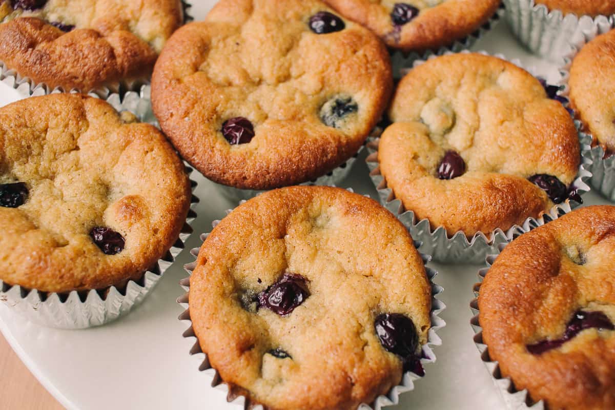 white plate filled with Low Carb Blueberry Muffins