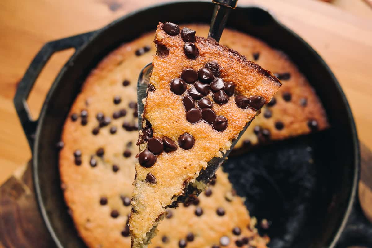flat lay of banana bread skillet with chocolate chips 