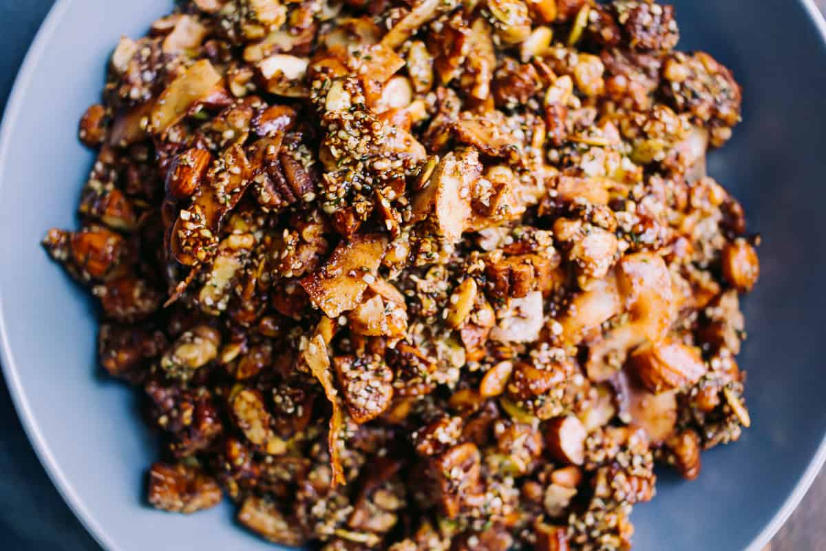 cooked low carb trail mix on a blue plate