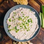 bacon cheddar and green onion dip with cucumbers, pork rinds and parmesan crisps