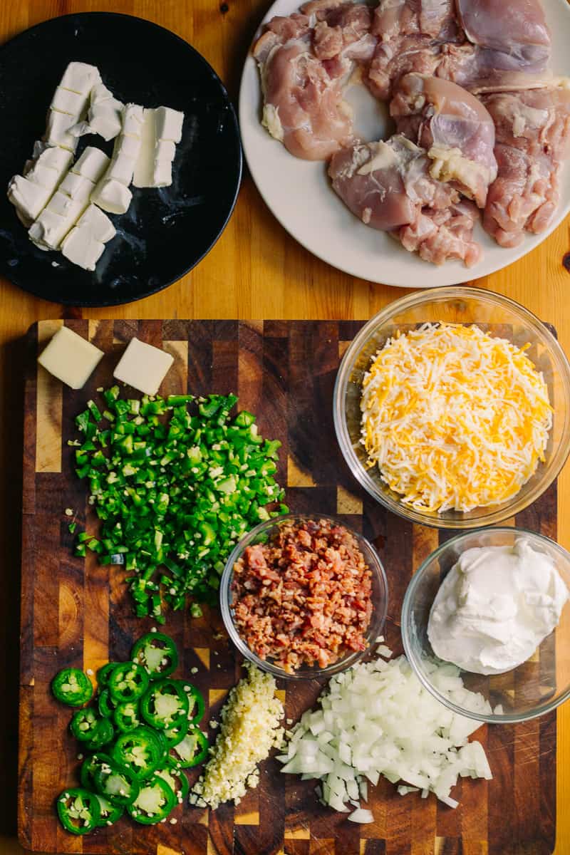 overhead shot of ingredients for jalapeño popper chicken skillet
