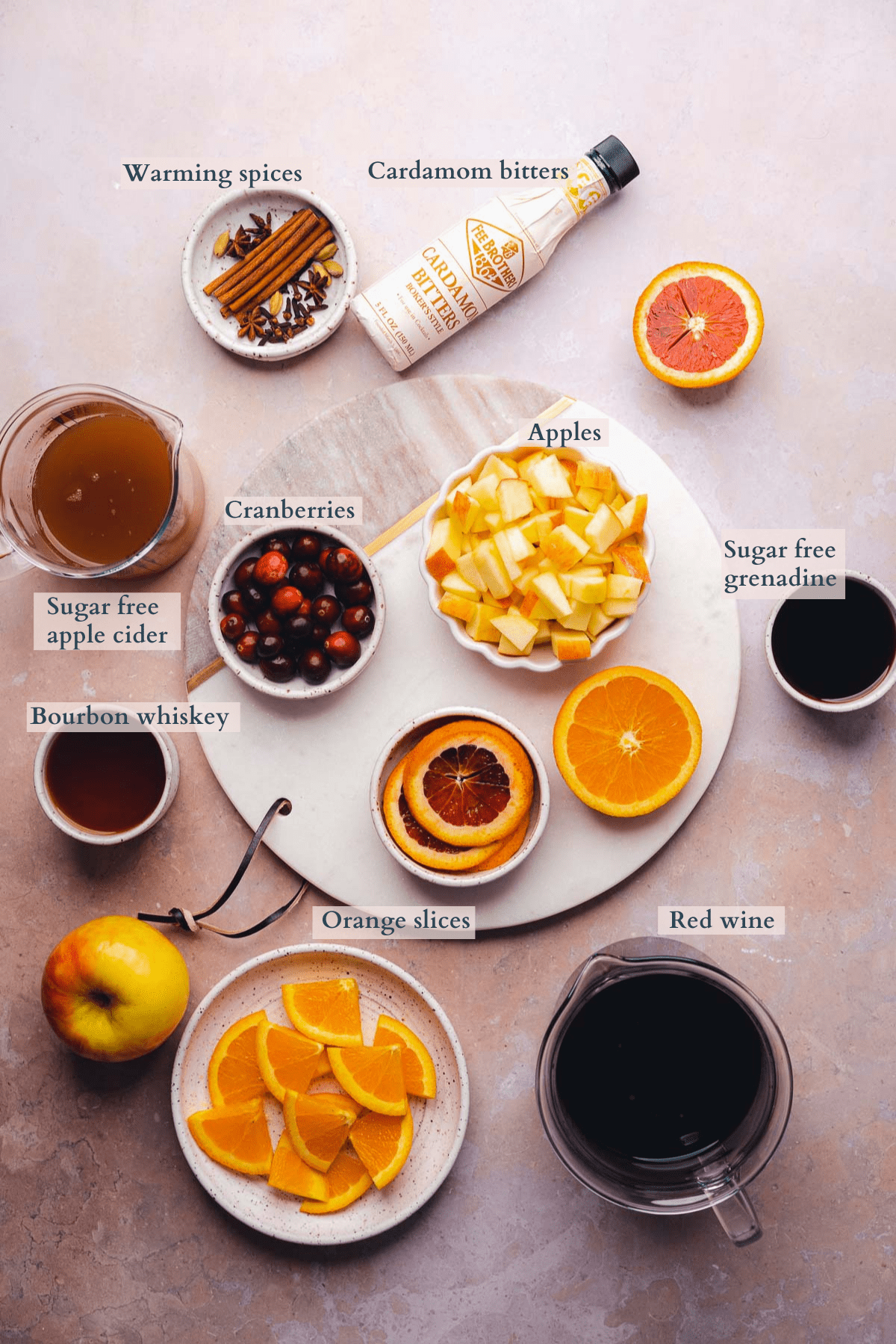 bourbon whiskey sangria recipe ingredients with text to denote different ingredients