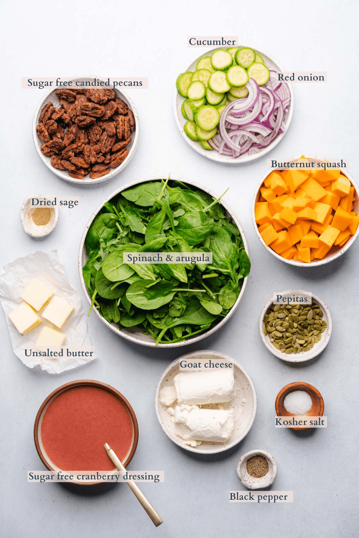 harvest salad recipe ingredients with text to denote different ingredients