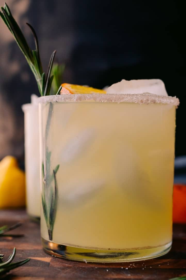 straight on and upclose shot of a low carb rosemary margarita