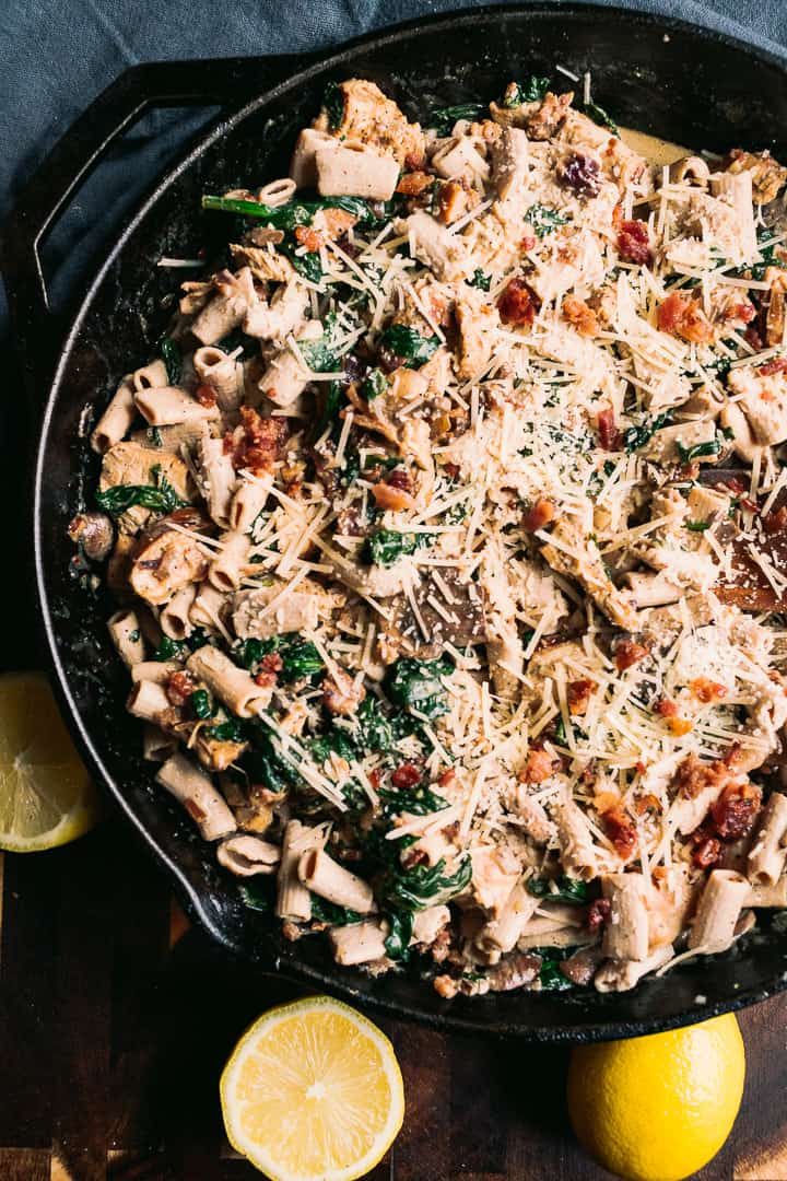 Creamy Bacon & Chicken Spinach Mushroom Pasta Recipe