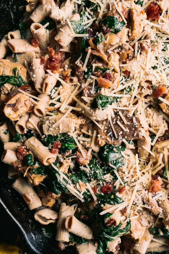 Creamy Bacon & Chicken Spinach Mushroom Pasta Recipe