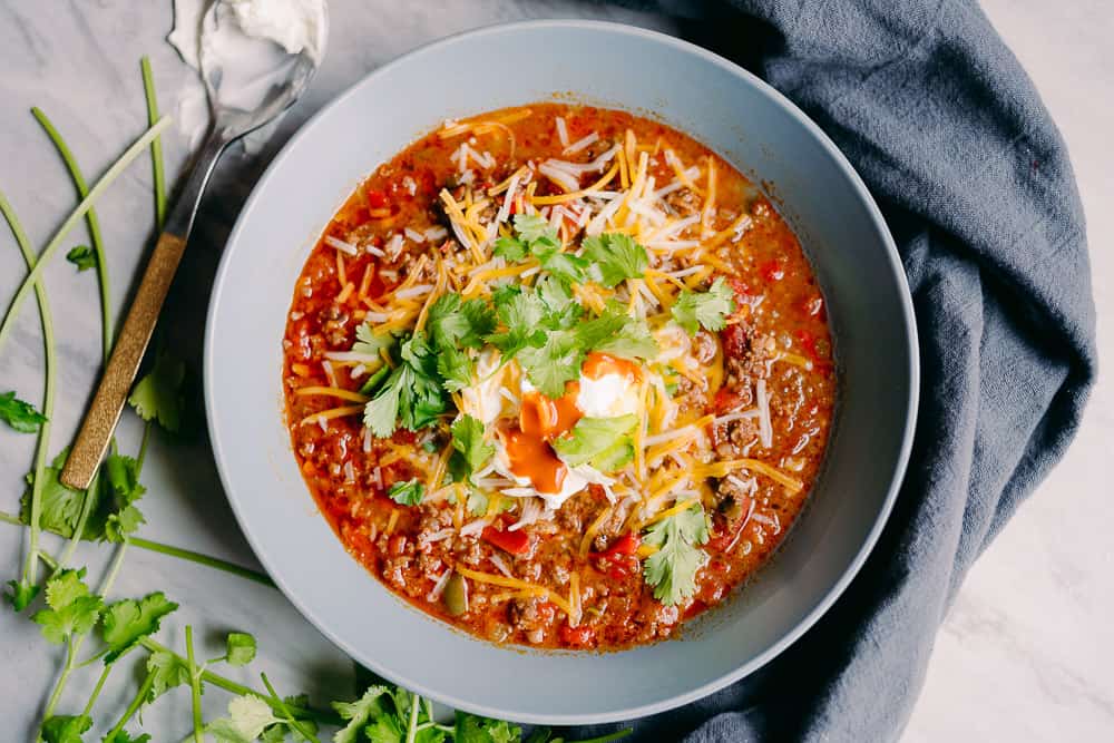 bowl of hearty chili with cilantro